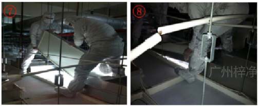 雙手握住高效過(guò)濾器邊框，與天花呈45度，穿過(guò)天花